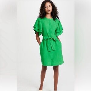 Fanm Mon Green Belted 100% Linen Mini Dress Ruffle Sleeves XS